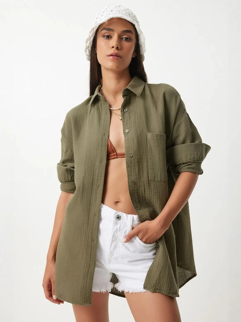 السعادة في إسطنبول ISTANBUL Oversized Textured Cotton Shirt with Pocket