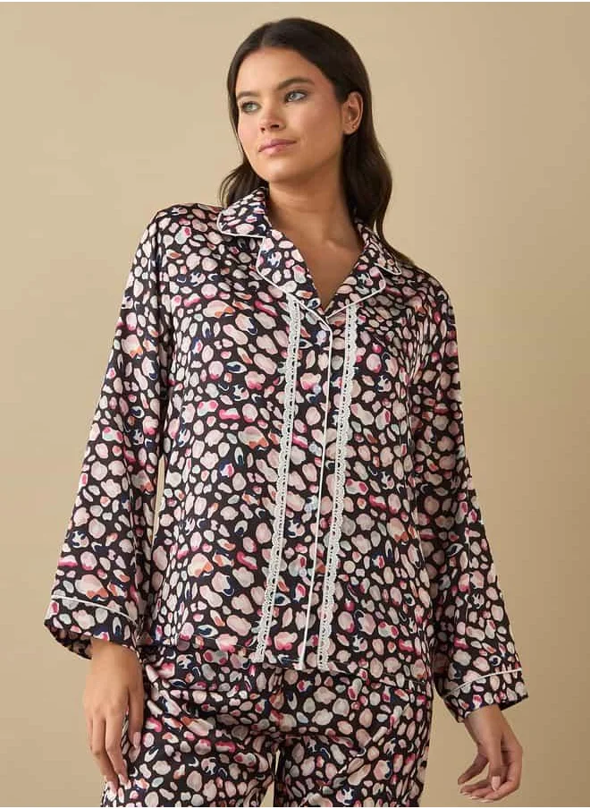فاف All-Over Floral Print Laced Long Sleeve Shirt and Elasticated Pyjama Set