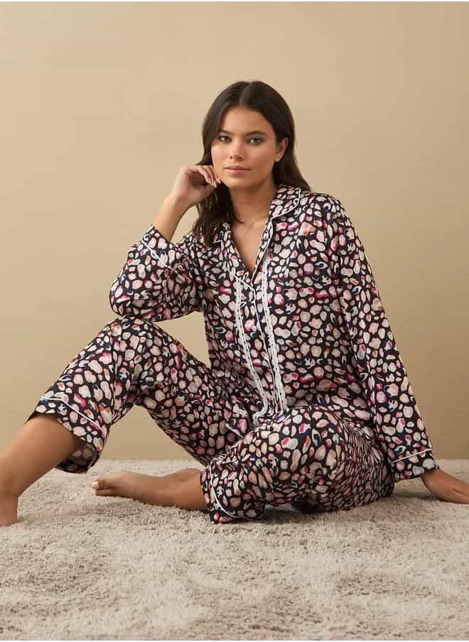 فاف All-Over Floral Print Laced Long Sleeve Shirt and Elasticated Pyjama Set