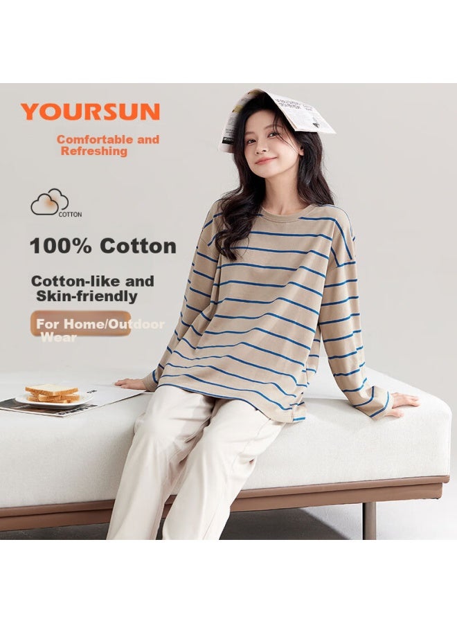 Your Sun Yiershuang [100% Pure Cotton] Women's Pajamas, Spring And Autumn Long-sleeve Striped Loose Casual Loungewear Set, Suitable For Outdoor Wear - Image 1
