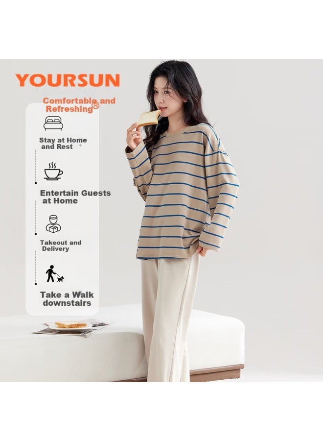 Your Sun Yiershuang [100% Pure Cotton] Women's Pajamas, Spring And Autumn Long-sleeve Striped Loose Casual Loungewear Set, Suitable For Outdoor Wear - Image 2
