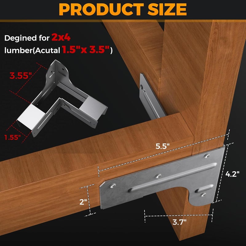 Chenteel Workbench and Shelving Hardware Kit - Galvanized Steel Workbench Corner Bracket - Custom Workbenchs Shelving Work Table - 8 Pcs & 100 Screws - Fits 2x4 Wood (Actual 1.5"x3.5") - Image 2