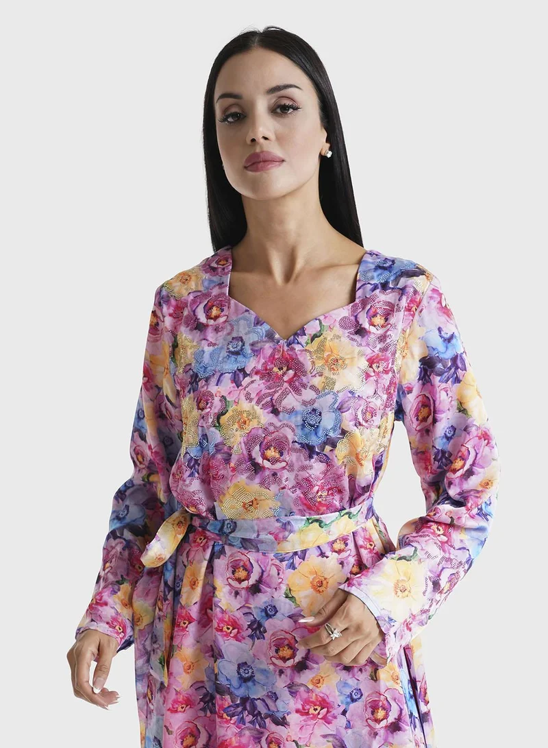 KASHKHA Pink Floral Printed Faux Georgette Stone Work Maxi Dress (VDE369)