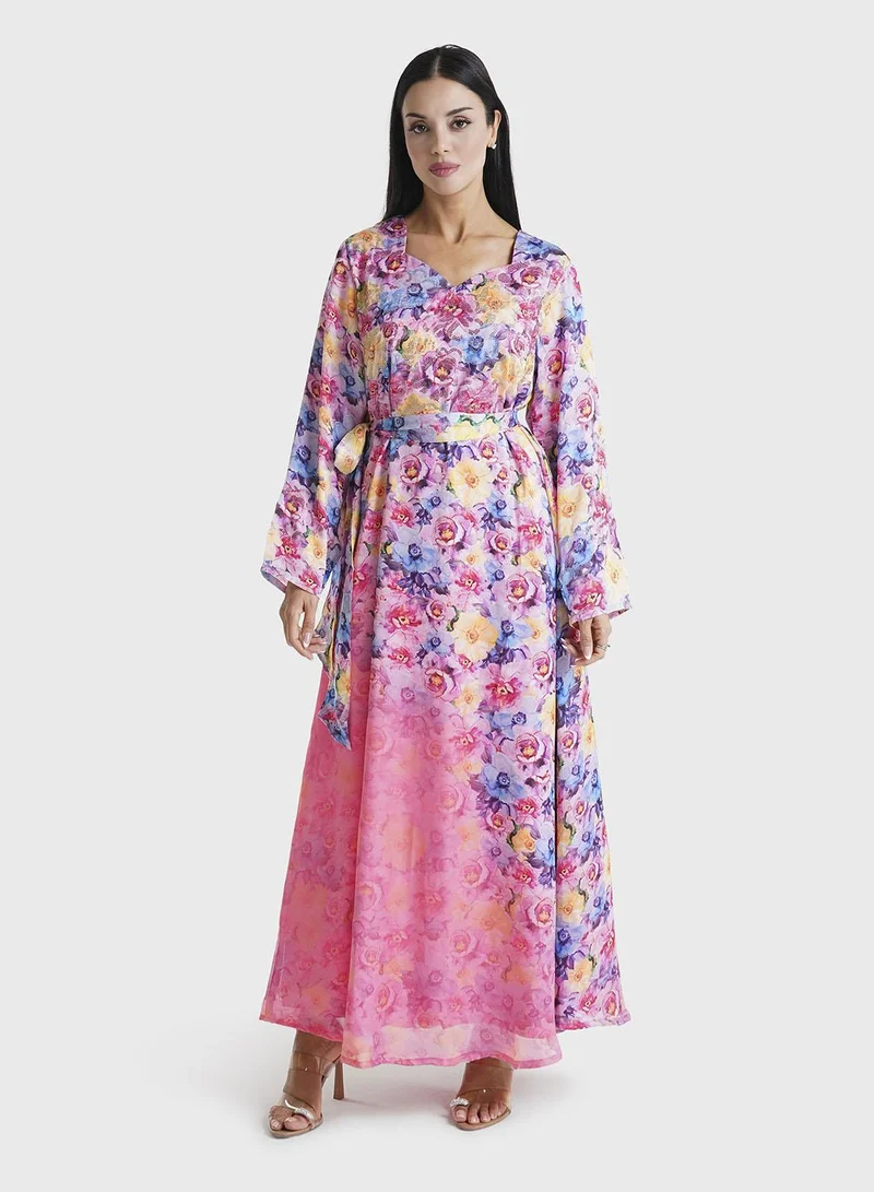 KASHKHA Pink Floral Printed Faux Georgette Stone Work Maxi Dress (VDE369)