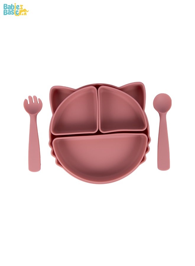 Babies Basic Feeding Set With Removable Sections , 3 Piece, Silicone Set For Self Feeding, Learning & Fine Motor Skills Soft, Easy To Grip,Silicone Suction Plate With Silicone Spoon And Fork- Pink