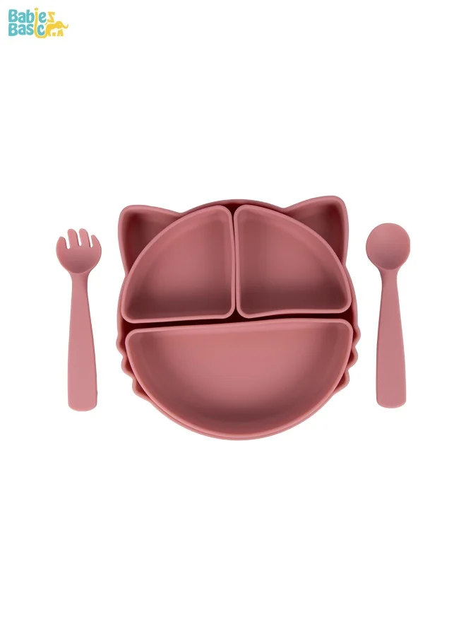 Babies Basic Feeding Set With Removable Sections , 3 Piece, Silicone Set For Self Feeding, Learning & Fine Motor Skills Soft, Easy To Grip,Silicone Suction Plate With Silicone Spoon And Fork- Pink