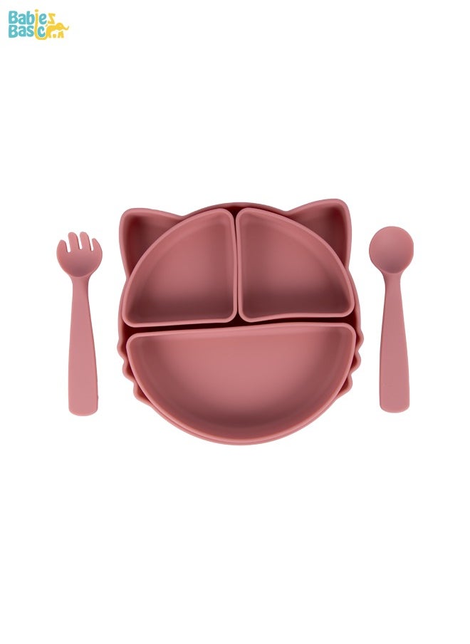 Babies Basic Feeding Set With Removable Sections , 3 Piece, Silicone Set For Self Feeding, Learning & Fine Motor Skills Soft, Easy To Grip,Silicone Suction Plate With Silicone Spoon And Fork- Pink  - Image 1