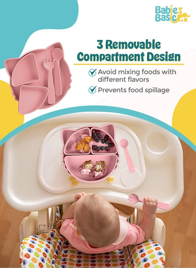 Babies Basic Feeding Set With Removable Sections , 3 Piece, Silicone Set For Self Feeding, Learning & Fine Motor Skills Soft, Easy To Grip,Silicone Suction Plate With Silicone Spoon And Fork- Pink