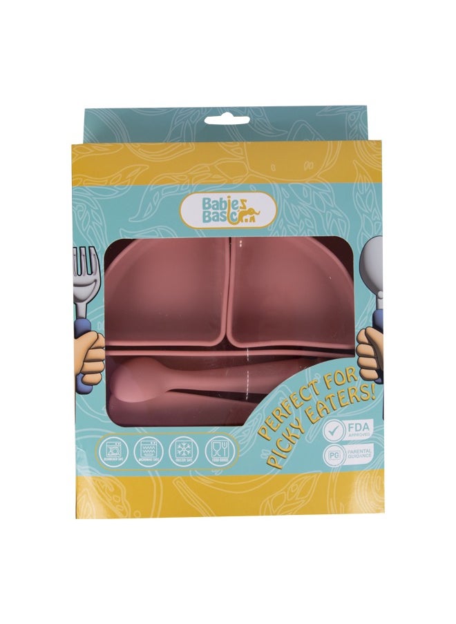 Babies Basic Feeding Set With Removable Sections , 3 Piece, Silicone Set For Self Feeding, Learning & Fine Motor Skills Soft, Easy To Grip,Silicone Suction Plate With Silicone Spoon And Fork- Pink  - Image 5