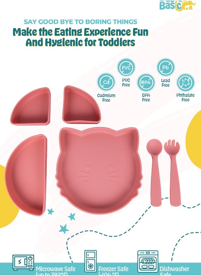 Babies Basic Feeding Set With Removable Sections , 3 Piece, Silicone Set For Self Feeding, Learning & Fine Motor Skills Soft, Easy To Grip,Silicone Suction Plate With Silicone Spoon And Fork- Pink  - Image 3
