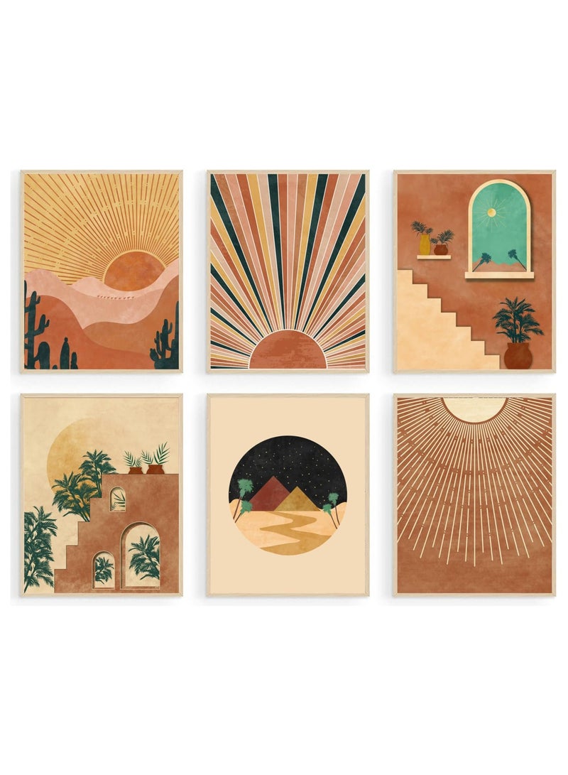 مؤسسة فكرة اليوم مجموعة من 6 مطبوعات فنية جدارية من طراز بوهو، مطبوعات حديثة من منتصف القرن، ديكور حائط بوهو هندسي محايد، شمس وقمر، أوراق نخيل، جبال، برتقالي، بيج، لوحات فنية من القماش، ملصقات بوهو بسيطة لغرفة النوم وغرفة المعيشة - Image 1