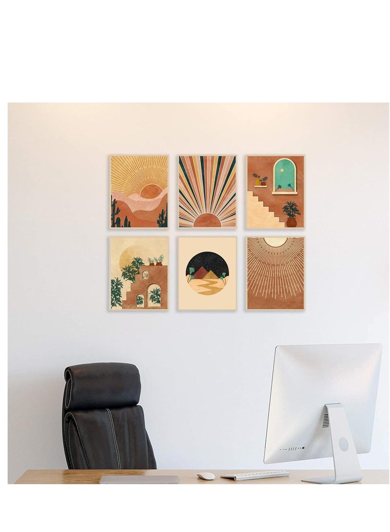 مؤسسة فكرة اليوم مجموعة من 6 مطبوعات فنية جدارية من طراز بوهو، مطبوعات حديثة من منتصف القرن، ديكور حائط بوهو هندسي محايد، شمس وقمر، أوراق نخيل، جبال، برتقالي، بيج، لوحات فنية من القماش، ملصقات بوهو بسيطة لغرفة النوم وغرفة المعيشة - Image 2