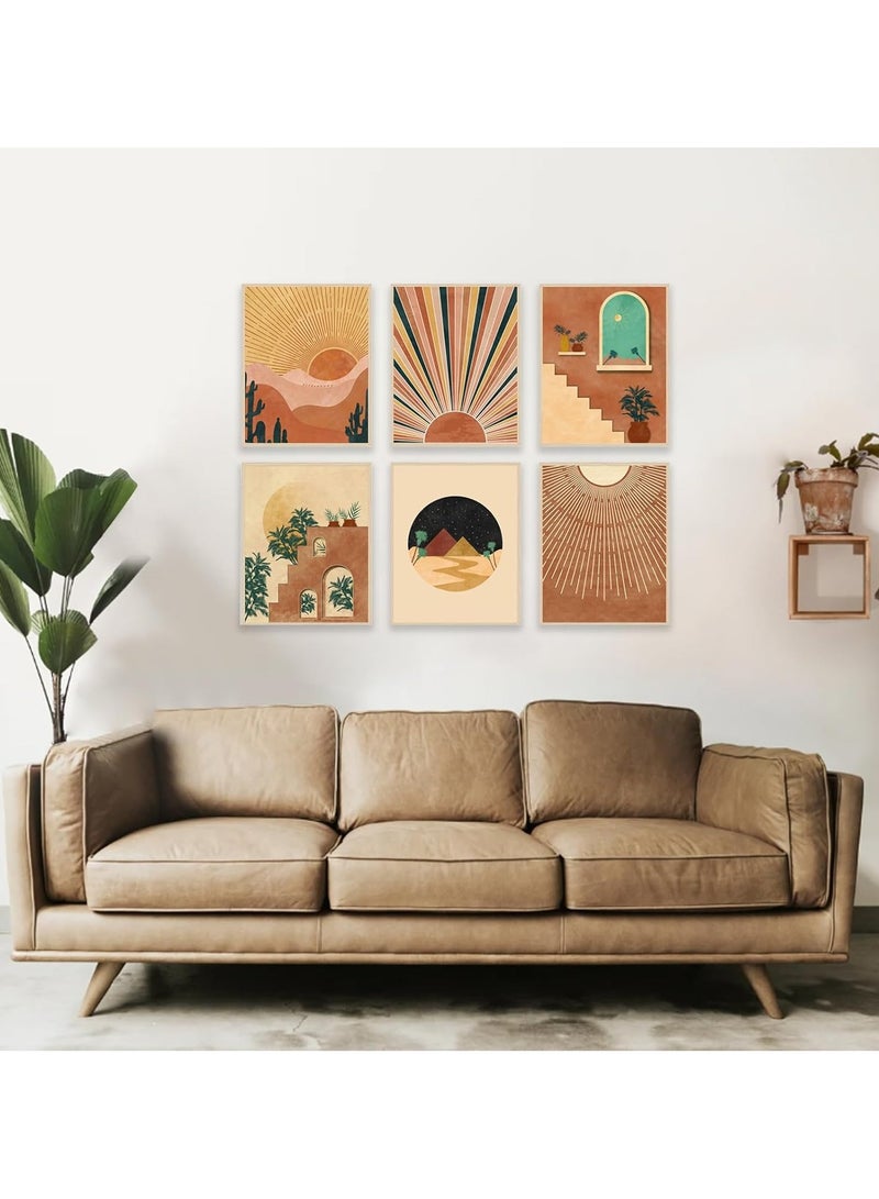 مؤسسة فكرة اليوم مجموعة من 6 مطبوعات فنية جدارية من طراز بوهو، مطبوعات حديثة من منتصف القرن، ديكور حائط بوهو هندسي محايد، شمس وقمر، أوراق نخيل، جبال، برتقالي، بيج، لوحات فنية من القماش، ملصقات بوهو بسيطة لغرفة النوم وغرفة المعيشة - Image 3