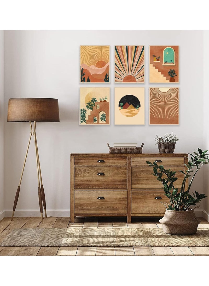مؤسسة فكرة اليوم مجموعة من 6 مطبوعات فنية جدارية من طراز بوهو، مطبوعات حديثة من منتصف القرن، ديكور حائط بوهو هندسي محايد، شمس وقمر، أوراق نخيل، جبال، برتقالي، بيج، لوحات فنية من القماش، ملصقات بوهو بسيطة لغرفة النوم وغرفة المعيشة - Image 4