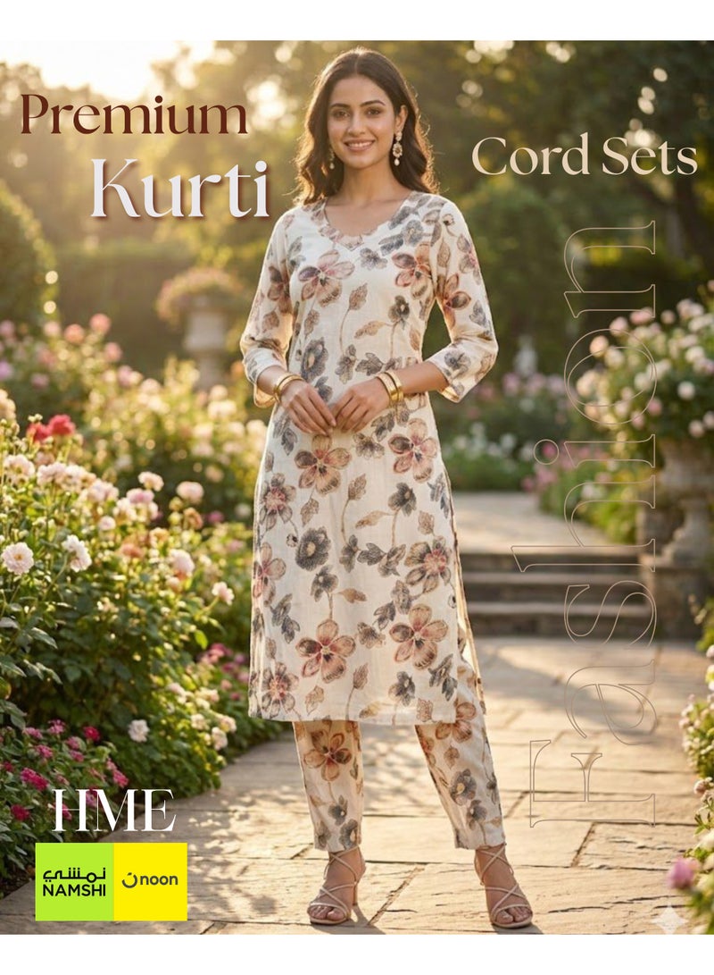 H M E Kurta Cord Set HME Dubai Luxury Handcrafted - 100% Premium Soft Cotton from Ludhiana - Sensitive Skin Friendly - V-Neck Floral Design - Image 1