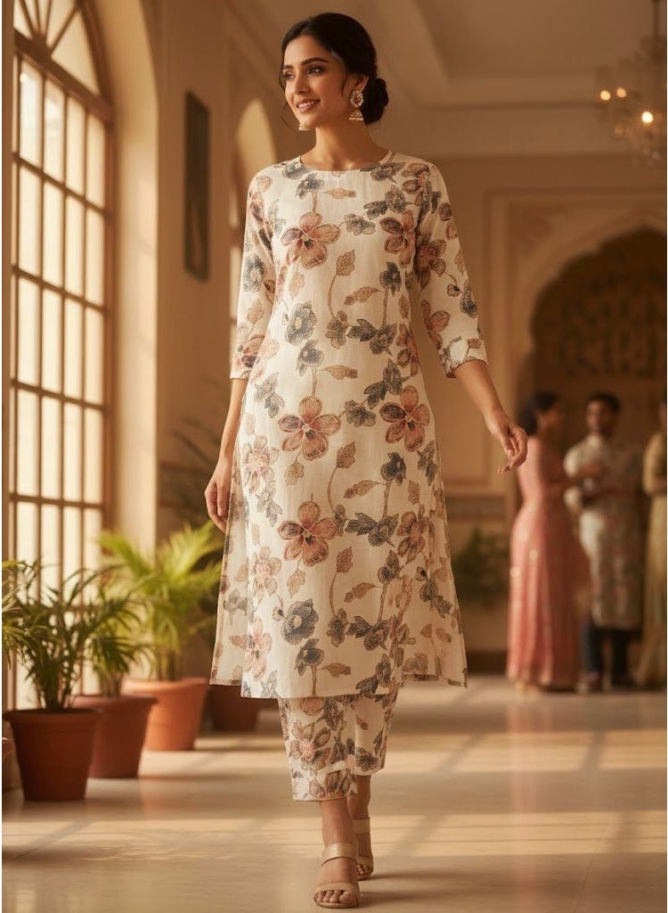 H M E Kurta Cord Set HME Dubai Luxury Handcrafted - 100% Premium Soft Cotton from Ludhiana - Sensitive Skin Friendly - V-Neck Floral Design - Image 4