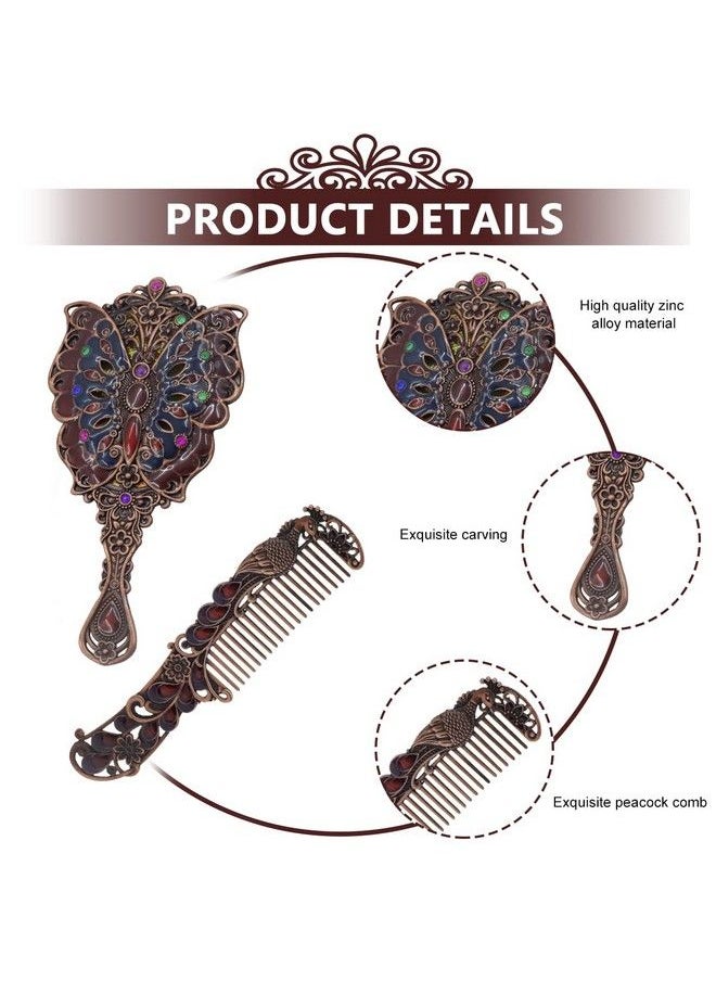 maycreate - Vintage Hand Mirror Comb Set For Makeup Decorative Metal Vanity Mirror And Comb Combo Kit Antique Embossed Butterfly Peacock Handheld Mirror For Women Girls Gift Box Packing - Image 1