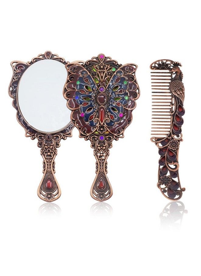 maycreate - Vintage Hand Mirror Comb Set For Makeup Decorative Metal Vanity Mirror And Comb Combo Kit Antique Embossed Butterfly Peacock Handheld Mirror For Women Girls Gift Box Packing - Image 1