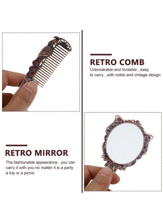 maycreate - Vintage Hand Mirror Comb Set For Makeup Decorative Metal Vanity Mirror And Comb Combo Kit Antique Embossed Butterfly Peacock Handheld Mirror For Women Girls Gift Box Packing - Image 1