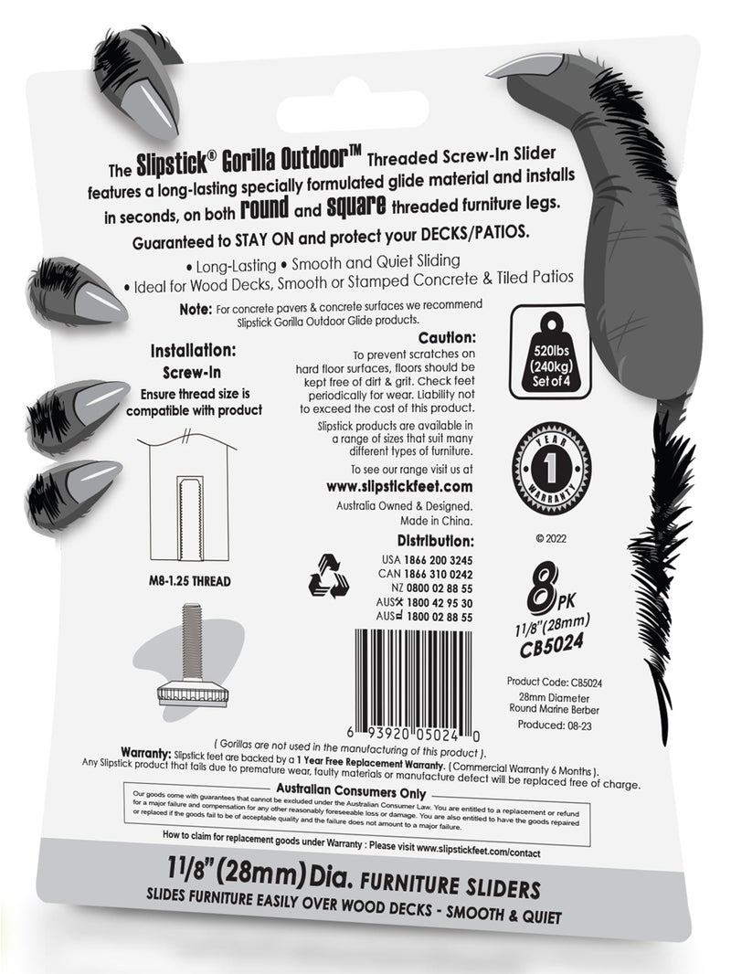 Slipstick أدوات تسوية الأثاث القابلة للتعديل في الهواء الطلق من Slipstick Gorilla (8 عبوات) برغي مقاوم للطقس في الساق ينزلق لطاولات الكراسي وأقدام الأثاث الخارجي 1-1/8 بوصة منزلق منزلق M8 خيط - Image 5
