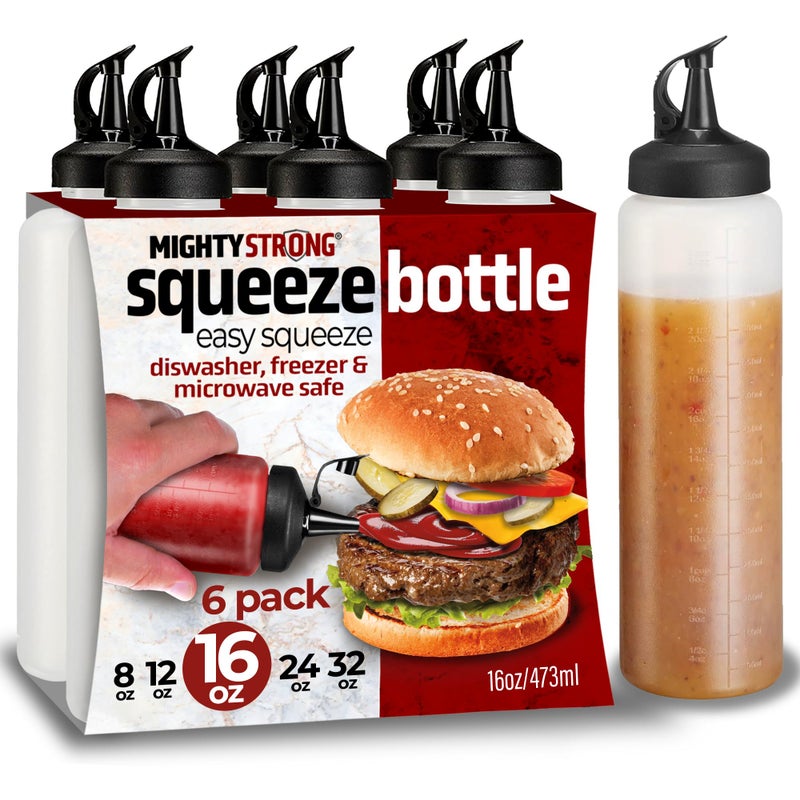 MIGHTY STRONG 6 Pack Condiment Squeeze Bottles for Sauces and Liquids â€“ 16 oz Plastic Refillable Squirt Bottles for Ketchup, Oils, and Condiments â€“ Multipurpose Condiment Containers for Kitchen, BBQ & Cooking - Image 1