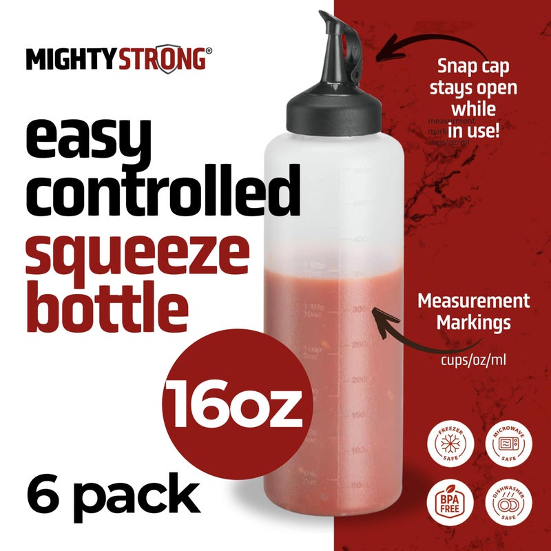 MIGHTY STRONG 6 Pack Condiment Squeeze Bottles for Sauces and Liquids â€“ 16 oz Plastic Refillable Squirt Bottles for Ketchup, Oils, and Condiments â€“ Multipurpose Condiment Containers for Kitchen, BBQ & Cooking - Image 2