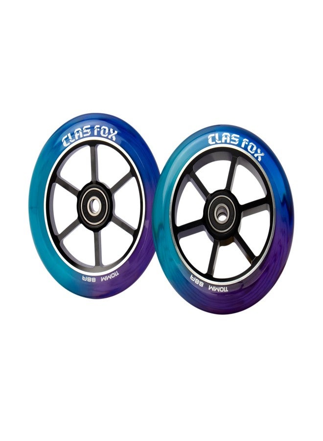 CLAS FOX عجلات CLAS FOX Mixture Wheels 88A Pro Stunt Scooter Wheels زوج واحد مع محامل ABEC-9 قلب معدني CNC (قطعتان) (بنفسجي + أزرق + أخضر، 110 مم) - Image 1