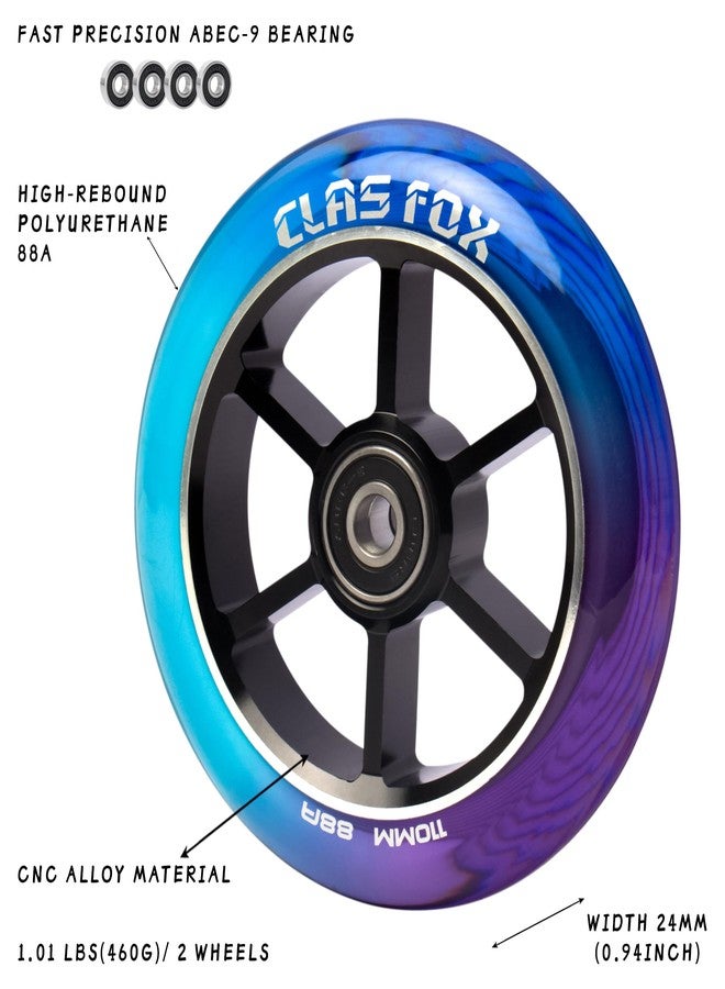 CLAS FOX عجلات CLAS FOX Mixture Wheels 88A Pro Stunt Scooter Wheels زوج واحد مع محامل ABEC-9 قلب معدني CNC (قطعتان) (بنفسجي + أزرق + أخضر، 110 مم) - Image 2