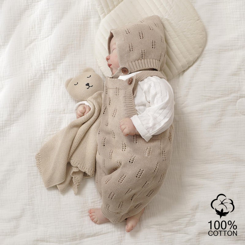 LAWKUL Baby Knit Romper Sleeveless 100% Cotton Jumpsuit with Hat Newborn Outfits Overall Bodysuit One Piece 2pcs Beige 0-6M - Image 3