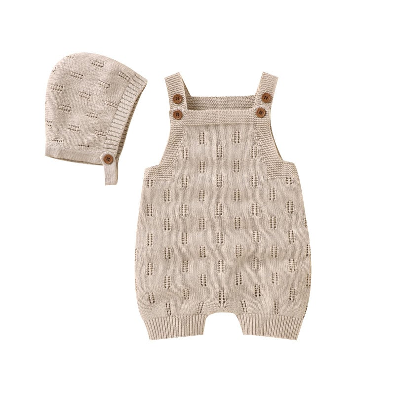 LAWKUL Baby Knit Romper Sleeveless 100% Cotton Jumpsuit with Hat Newborn Outfits Overall Bodysuit One Piece 2pcs Beige 0-6M - Image 1