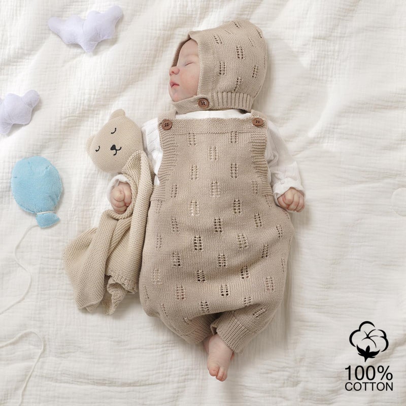 LAWKUL Baby Knit Romper Sleeveless 100% Cotton Jumpsuit with Hat Newborn Outfits Overall Bodysuit One Piece 2pcs Beige 0-6M - Image 2