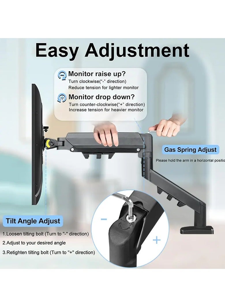 M.A&F's Single Monitor Arm - VESA Mount Aluminum Gas Spring Adjustable Ergonomic Computer Monitor Arm, Swivel Monitor Mount & 2 Grommet Mounting Base for 13-32 inches 2-9kgs Sceens - Image 2