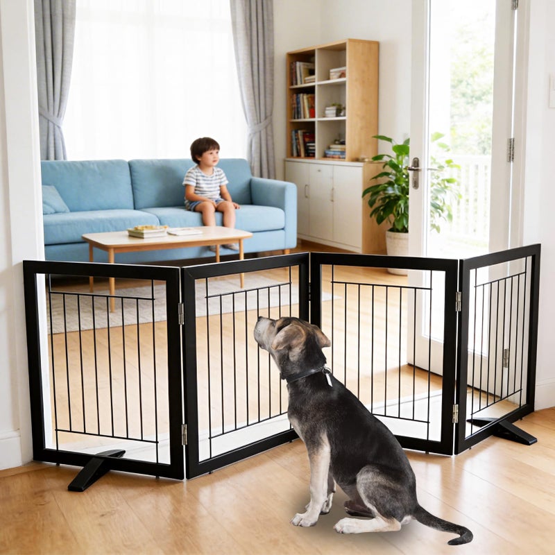 ZJSF Freestanding Dog Gate Indoor Foldable Dog Fence for DoorwaysHallways or Stairs Sturdy Wood Extra Wide Pet Gate with Support FeetBlack24 Height4 Panels - Image 2
