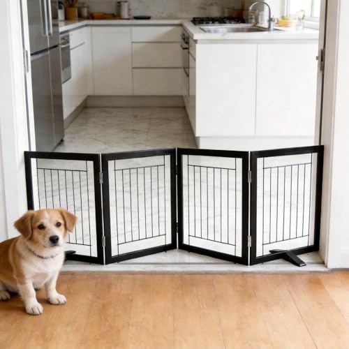 ZJSF Freestanding Dog Gate Indoor Foldable Dog Fence for DoorwaysHallways or Stairs Sturdy Wood Extra Wide Pet Gate with Support FeetBlack24 Height4 Panels - Image 3