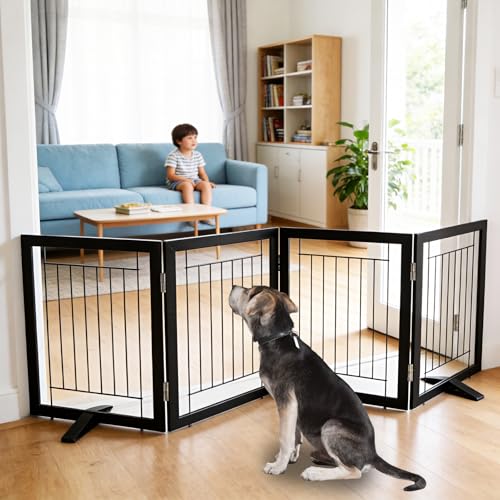 ZJSF Freestanding Dog Gate Indoor Foldable Dog Fence for DoorwaysHallways or Stairs Sturdy Wood Extra Wide Pet Gate with Support FeetBlack24 Height4 Panels - Image 1