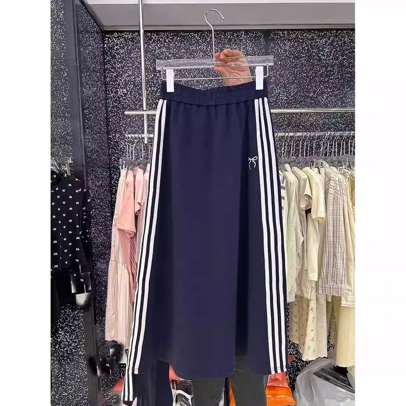1.00 kg-150.00 kg plus size Casual suit Womens Summer New Slimming T-shirt Top Elegant A- line Skirt Two-piece Set Navy blue - Image 2