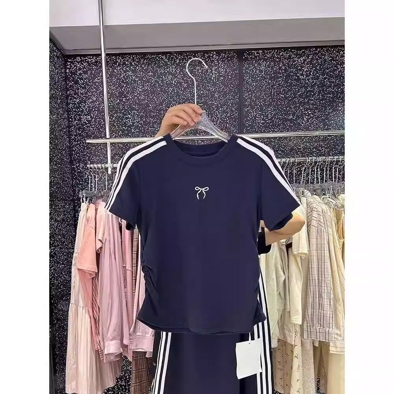 1.00 kg-150.00 kg plus size Casual suit Womens Summer New Slimming T-shirt Top Elegant A- line Skirt Two-piece Set Navy blue - Image 3
