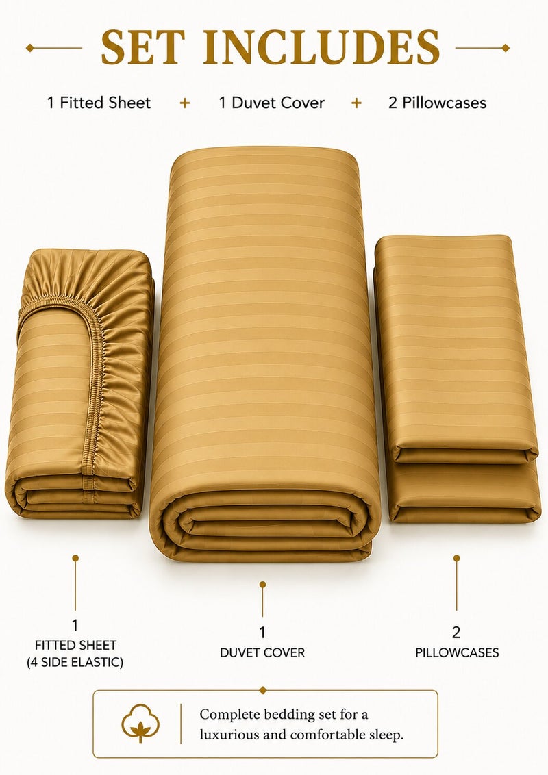 Aristocrat 4-Piece Stripe Microfiber Duvet Cover Set | Queen | Includes 1 Duvet Cover (220x240cm), 1 Deep Pocket Fitted Sheet (180x200+30cm) & 2 Pillowcases (53x75+15cm) | Ultra Soft, Breathable & Wrinkle Resistant | gold - Image 2