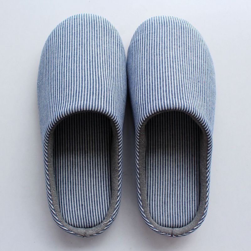 Japanese style cotton slippers for women spring autumn winter couple home indoor wooden floor soft cloth bottom mute anti-slip cotton linen slippers for men Dark blue