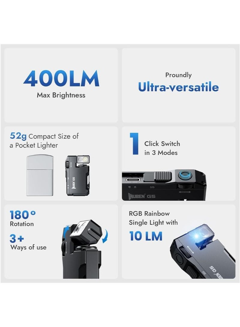 G5 Rechargeable EDC Flashlight | The Ultimate Flashlight for Camping, Car Repairs & Emergencies | 400 Lumens Dual Light Sources Mini Flashlight with RGB Light, Portable Flat Pocket Flashlights | IP68 Waterproof Multi-Mode Magnetic Small Keychain Flashlight | Black - Image 4
