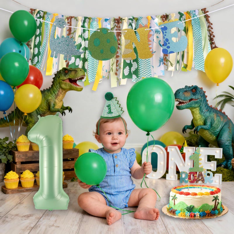 RANERVZ Dinosaur Highchair Banner for First Birthday Party Decorations Green Jungle Dinosaur Theme High Chair Tassel Banner for Boys Little Dino Roar 1st Birthday Fabric Banner Photo Props Backdrop Decorations - Image 4