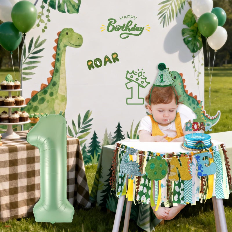 RANERVZ Dinosaur Highchair Banner for First Birthday Party Decorations Green Jungle Dinosaur Theme High Chair Tassel Banner for Boys Little Dino Roar 1st Birthday Fabric Banner Photo Props Backdrop Decorations - Image 3