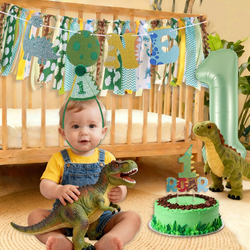 RANERVZ Dinosaur Highchair Banner for First Birthday Party Decorations Green Jungle Dinosaur Theme High Chair Tassel Banner for Boys Little Dino Roar 1st Birthday Fabric Banner Photo Props Backdrop Decorations - Image 5