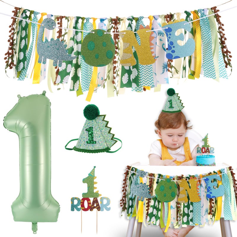 RANERVZ Dinosaur Highchair Banner for First Birthday Party Decorations Green Jungle Dinosaur Theme High Chair Tassel Banner for Boys Little Dino Roar 1st Birthday Fabric Banner Photo Props Backdrop Decorations - Image 1