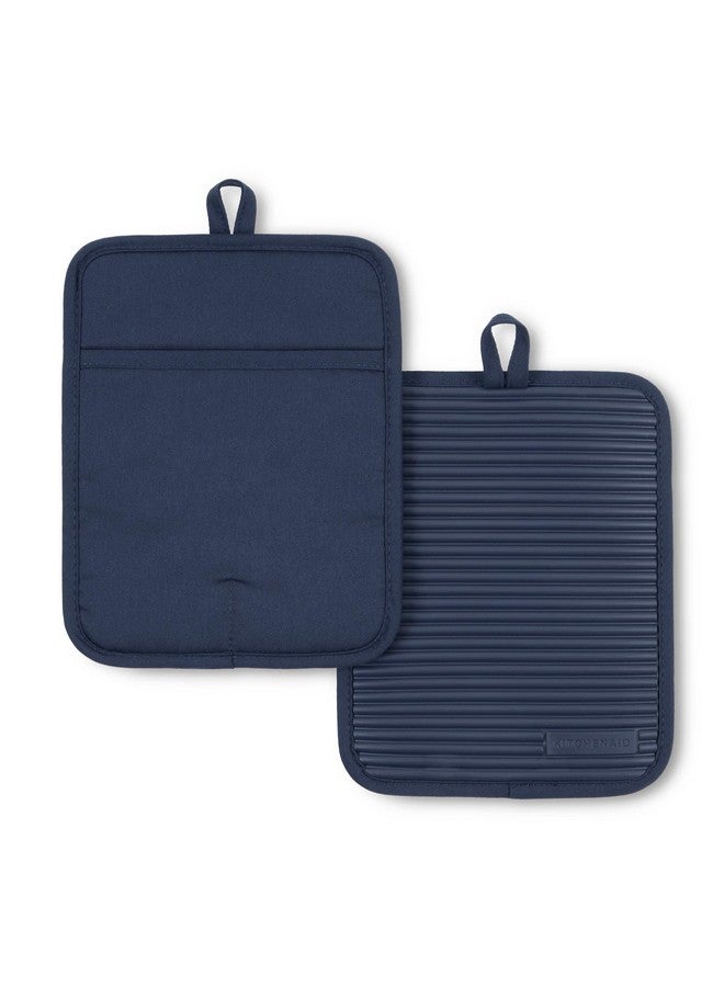 KitchenAid Ribbed Soft Silicone Pot Holder 2-Pack Set, Ink Blue, 7"x9" - Image 1