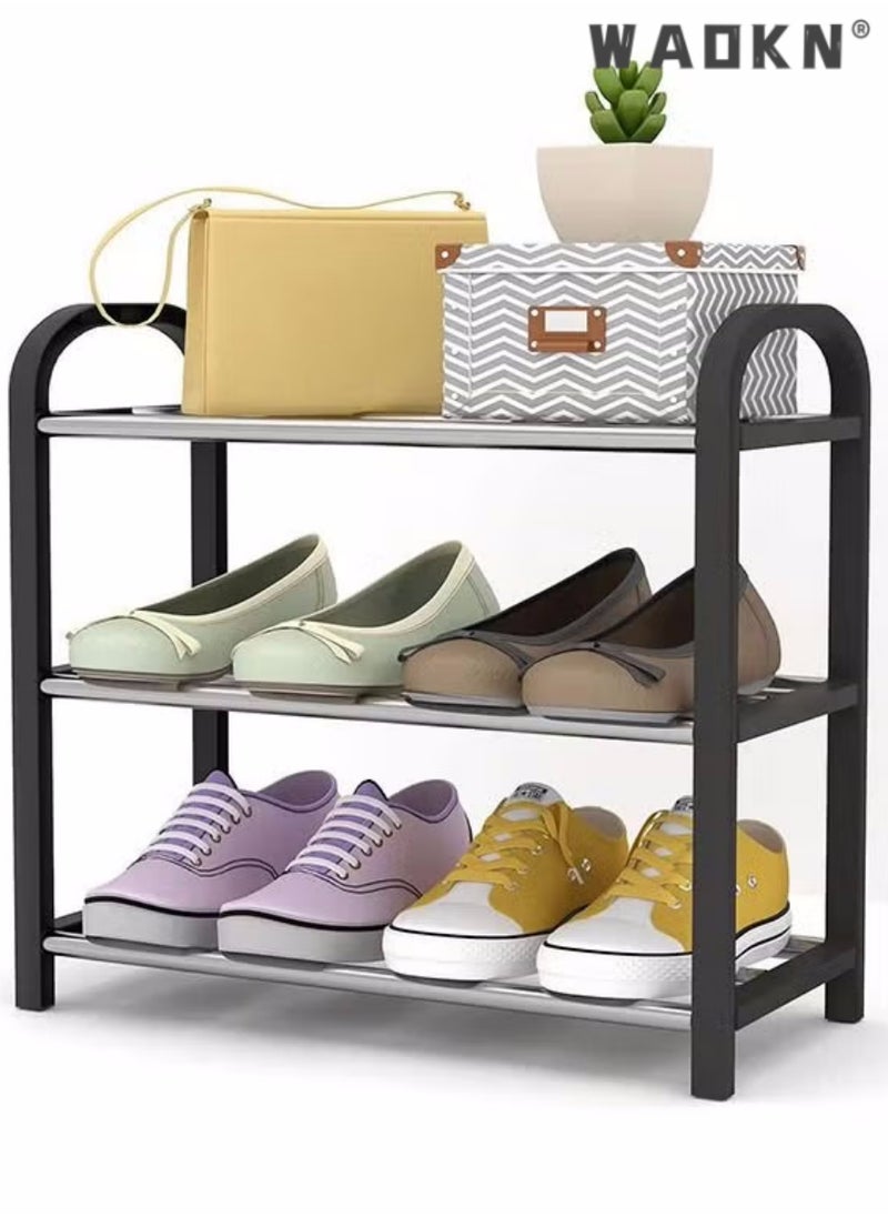 WAOKN Small Shoe Rack,3 Tier Black Shoe Rack 6 Pairs Of Shoes Shelf Storage Multifunctional Lightweight Organizer Sturdy Metal Stackable Stand Footwear For Closet Living Room Bedroom Bathroom  - Image 1