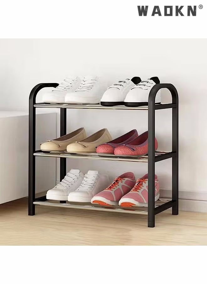 WAOKN Small Shoe Rack,3 Tier Black Shoe Rack 6 Pairs Of Shoes Shelf Storage Multifunctional Lightweight Organizer Sturdy Metal Stackable Stand Footwear For Closet Living Room Bedroom Bathroom  - Image 2