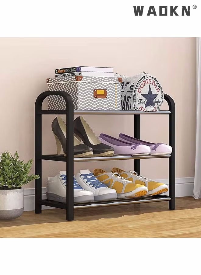 WAOKN Small Shoe Rack,3 Tier Black Shoe Rack 6 Pairs Of Shoes Shelf Storage Multifunctional Lightweight Organizer Sturdy Metal Stackable Stand Footwear For Closet Living Room Bedroom Bathroom  - Image 4