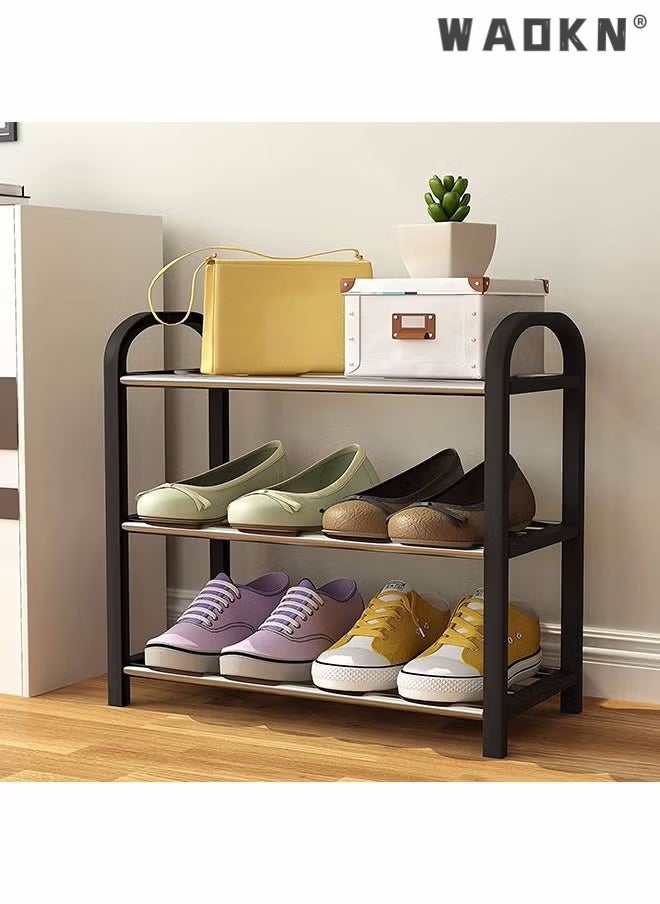 WAOKN Small Shoe Rack,3 Tier Black Shoe Rack 6 Pairs Of Shoes Shelf Storage Multifunctional Lightweight Organizer Sturdy Metal Stackable Stand Footwear For Closet Living Room Bedroom Bathroom  - Image 3