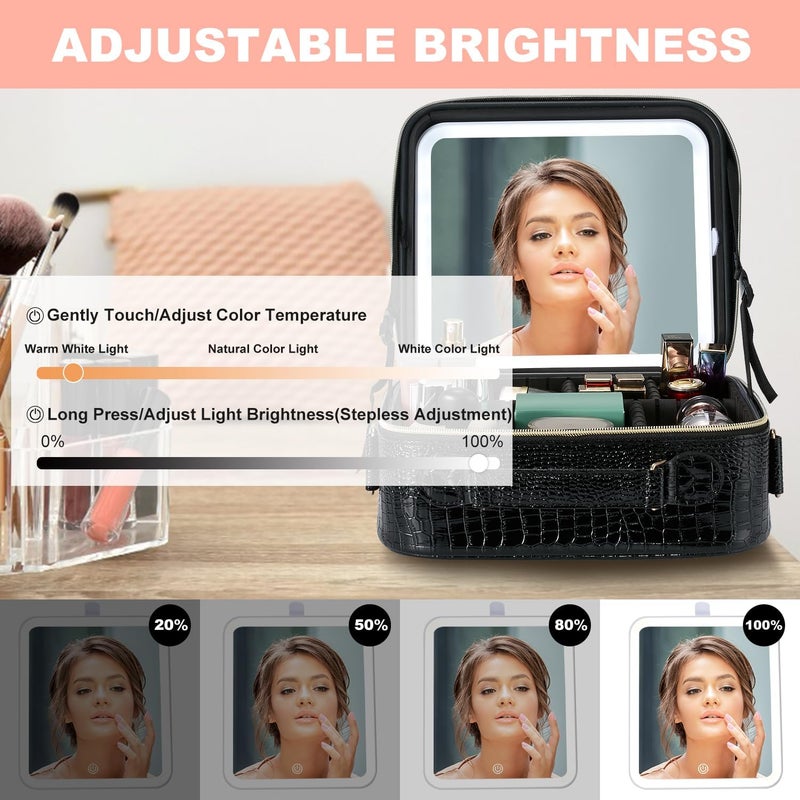 Mocado Travel Makeup Bag with LED Lighted Mirror, Travel Makeup Organizer, Makeup Case with 3 Color Lighted Setting and 10x Magnifying Mirror, Portable Storage and Adjustable Dividers (Crocodile) - Image 3
